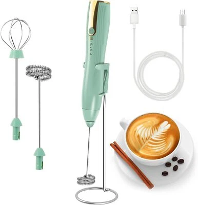 Milk Frothier Handheld Foam Maker with 2 Heads Rechargeable 3 Speeds Green - Image 1 of 4