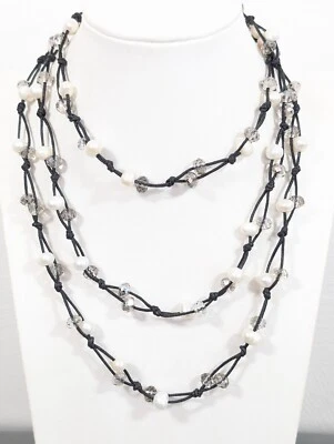 Boho BEachy Black Cord White Pearl Gray Glass Bead Layering Long Necklace 52 in - Image 1 of 4