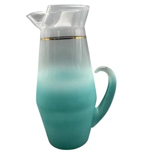 Vtg Blendo Glass Pitcher Frosted Turquoise MCM Vintage 1950 Gold Trim W.V. - Picture 1 of 10