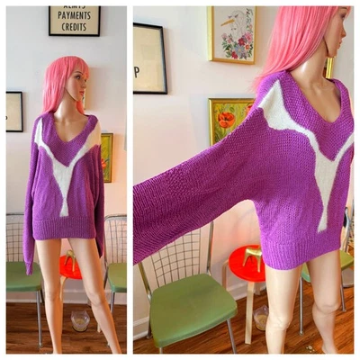 💜 Suéter Punk Ala de Murciélago Blanco Púrpura Grande Cuadrado Nylon Angora Años 80 De Colección L Foto 1 de 4