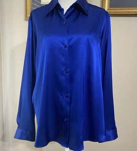Jordan Women's Size M Royal Blue Silky Satin Button Up Blouse Long Sleeves - Picture 1 of 9