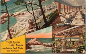 Postal de lino de la década de 1940 SAN FRANCISCO ACLIFF HOUSE / Restaurante y vista de rocas de sello - Imagen 1 de 2