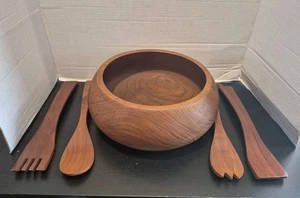 VTG 9" Goodwood Genuine Teak Salad Serving Bowl w/4 Utensils MCM Thailand - Picture 1 of 7