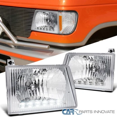 Fit 92-07 Ford E150 E250 E350 E450 Econoline Van Chrome Clear LED Headlights Set - Image 1 of 4