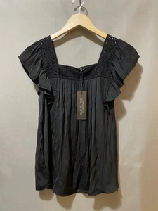 NWT Rachel Zoe Women Flutter Short Sleeve Eyelet Square Neck Top Size XS Black - Picture 1 of 11