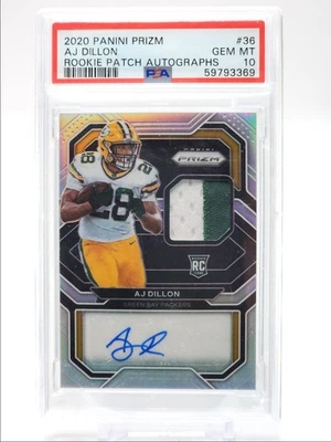 AJ DILLON 2020 PANINI PRIZM RPA PATCH SILVER DAMAGED RC AUTO /99 PSA 10 Q5533 - Image 1 of 2