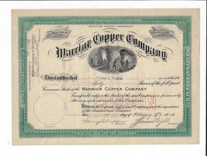 ARIZONA 1906 Warrior Copper Company Stock Certificate Common - Picture 1 of 2