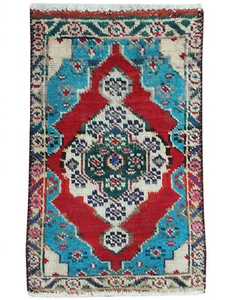 1x2 Vintage Traditional Wool Decorative Blue Handmade Medallion Area Rug - Picture 1 of 11