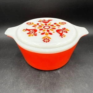 Vintage Pyrex Friendship Casserole Dish Red Bowl Glass Lid Birds 1.5 QT # 474 - Picture 1 of 10
