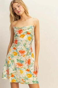 HYFVE Floral Cowl Neck Flirty Satin Mini Dress - Picture 1 of 13