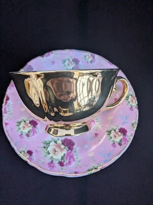 Juegos de tazas y platillos de té con patrón dorado y rosa de colección (2) borde ancho rosa negro dorado Foto 1 de 4