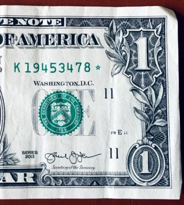 Star Note Birth Year  1945 One Dollar Bill Fancy Serial Number K19453478* - Image 1 of 3