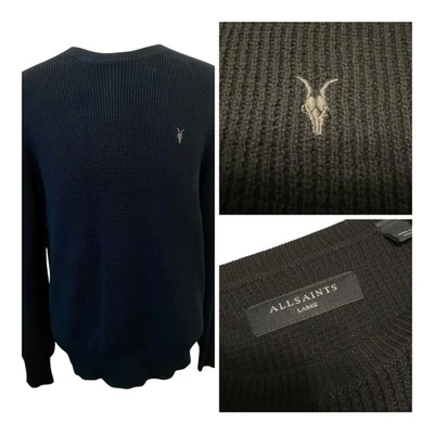 ALL SAINTS Black Waffle Long Sleeve Embroidered Logo Knit Sweater *Mint* - Image 1 of 4
