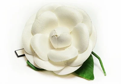 Vintage Chanel Paris White Green Silk Large Camellia Brooch - Image 1 of 4