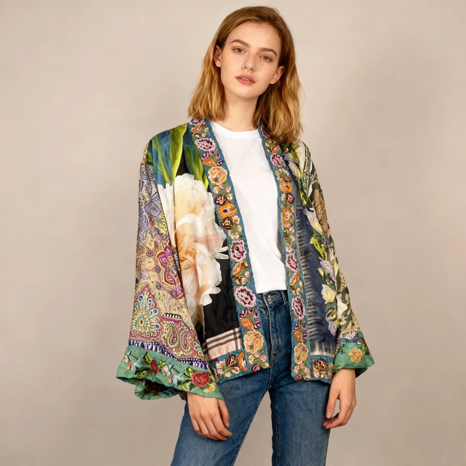 $650 NWOT Johnny Was Reversible Embroidered Silk Kimono Jacket Multi Size M - Image 1 of 4