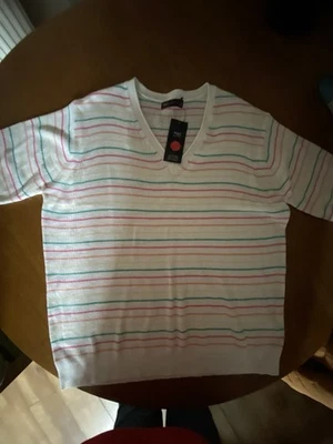 Marks and Spencer V Neck Short Sleeved Jumper White with Strips Size L BNWT New - Image 1 of 4