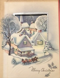 Vintage Weihnachtsgrußkarte Winter Schlittenfahrt Blick durch Menschen zu Fuß zur Kirche - Bild 1 von 6