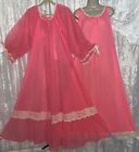 VTG M+ Rich Coral Sheer Chiffon Peignoir Robe Nightgown w Inset Ivory Lace Set