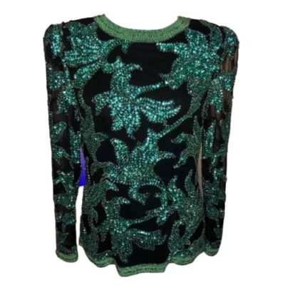 Blusa trofeo con cuentas Oleg Cassini de colección 8 negra verde seda muestra de diseñador Foto 1 de 4