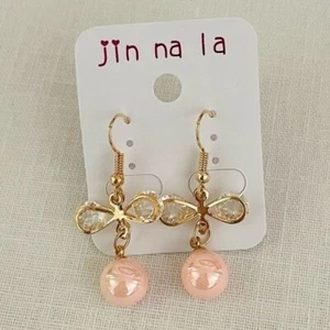 Goldtone Earrings Featuring Clear Rhinestones and Pearly Pink Beads on Goldtone - Picture 1 of 3