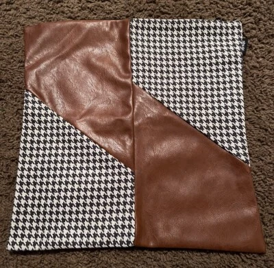 Pillow Cover Checkered & Brown Leather 17.5 x 17.5 Cover size Ohy Life - Image 1 of 4