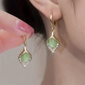 Women’s Gold Hoop Earrings Green Crystal Drop Dangle Elegant Fashion Jewelry New - Picture 1 of 3