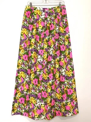 Vtg Vintage 1960s 70s Bright Flower Power Day Glow Floral Maxi Skirt Talon ZIP M - Image 1 of 4