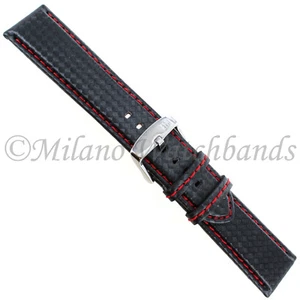 24mm Morellato Leather Carbon Fiber Grain Black W/ Red Stitching Mens Watch Band - Picture 1 of 4
