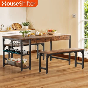 3 Pcs 63" Kitchen Dining Set Table Wood Bench with Wine Storage Rack LIving Room - Picture 1 of 10