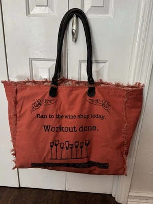 Vintage Addiction Coral Canvas Tote Bag Leather Handles Wine Quote Large 20”x16” - Image 1 of 4