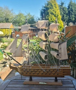 HANDMADE WOODEN REPLICA MODEL OF AN OLD SAIL BOAT COMPLETE WITH STAND. - Picture 1 of 8