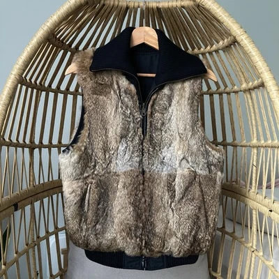 Theory 双面兔子毛皮背心黑色针织领拉链闭合女式 US M — 第 1/4 张图片