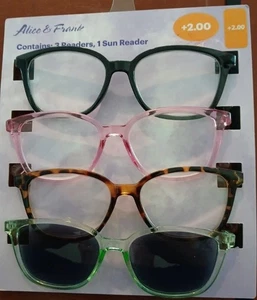 Alice & Frank 3 Reading Glasses 1 Sun Reader +2.00 Magnification UV Protection - Picture 1 of 1