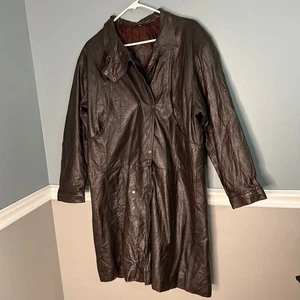 Vintage Dark Brown Leather Trench Coat Longline Snap Front Jacket Mens XL - Afbeelding 1 van 11