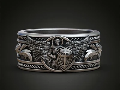 Saint Archangel Micheal baroque Band Rings For Husband  Dad Guardian Angel Ring - Image 1 of 4