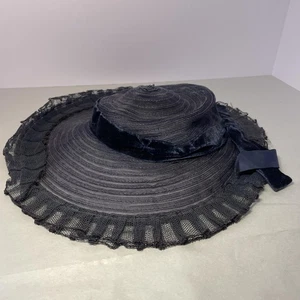Sombrero Fantrey DE COLECCIÓN ala ancha para mujer negro encaje ribete terciopelo cinta lazo años 50 - Imagen 1 de 8