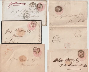 1845/76 5 x LONDON POSTMARKS ON POSTAL STATIONERY 1d PINKS INCL 1 LETTERSHEET - Picture 1 of 2