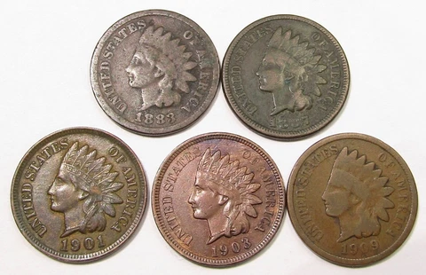 (5) Vintage Indian Head Pennies 1c Cents  1880’s 1900’s Cover