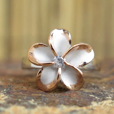 Hawaiian Silver Two Tone Rhodium Gold Plumeria CZ Wedding Ring Band 15mm SR2049 - Image 1 of 4