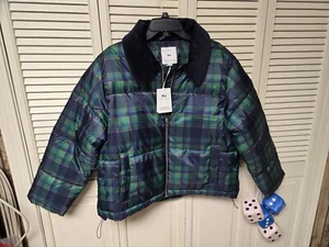 NWT Women's Size L Free Assembly Quilted Jacket Green/Bl plaid short Barn style - Picture 1 of 6