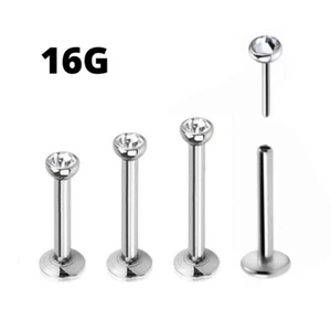 PAIR 16G 2mm 3mm CLEAR CZ THREADLESS PUSH IN STEEL LABRET EAR TRAGUS RINGS STUDS - Picture 1 of 3