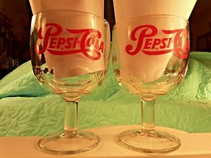 2 Vintage Pepsi-Cola Pedestal Thumbprint Stem Goblet Clear Glasses Red Letters - Picture 1 of 12