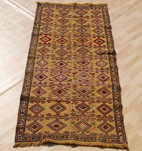 yellow kilim rug Kurdish geometric hand woven rectangle wool area rugs 3X7ft - Picture 1 of 7