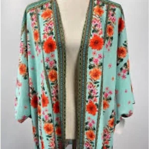 Umgee Aqua blue/green and pink/red floral kimono WA4704 XL/1XL - Picture 1 of 9