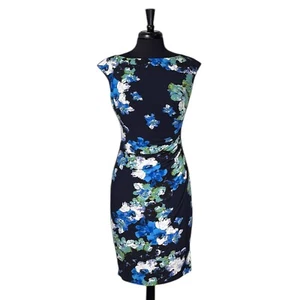Ralph Lauren Women's Dress Blue Green Floral Faux Wrap Boat Neck Ruched Sheath 6 - Picture 1 of 8