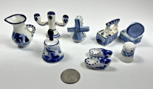 9 Piece Lot Delft Blue Windmill Shoes Bell Iron Pitcher Etc Vtg Hand Painted - Picture 1 of 17