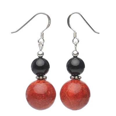 Orecchini Pendenti, Corallo & Onice, Rosso Nero, Orecchini, Donna - Immagine 1 di 3