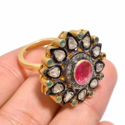Polki Diamond Pink Ruby Gemstone 925 Sterling Silver Bohemian Ring Gift For Mom - Image 1 of 4