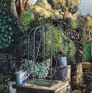 Acquaforte Incisione Acquerellata mano Stinga Pozzo Campagna Fiori alberi Villa - Foto 1 di 9