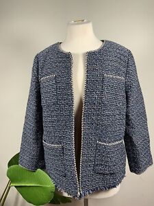 Talbots Jacket Rope Trim Blue Tweed Open Blazer Frayed Womens Petite Size12 $189